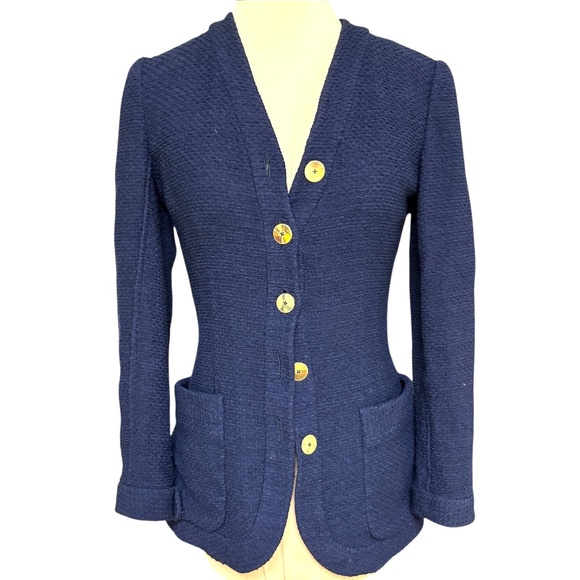 jacket blazer VALENTINO XS navy poly nubby knit fitted designer vintage - Picture 1 of 15
